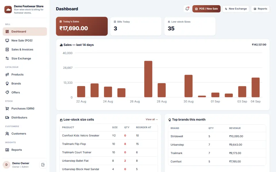 Footwear Store Size-wise Stock & Billing Software
