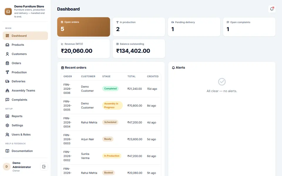 Furniture Store Order, Production and Delivery Management Software