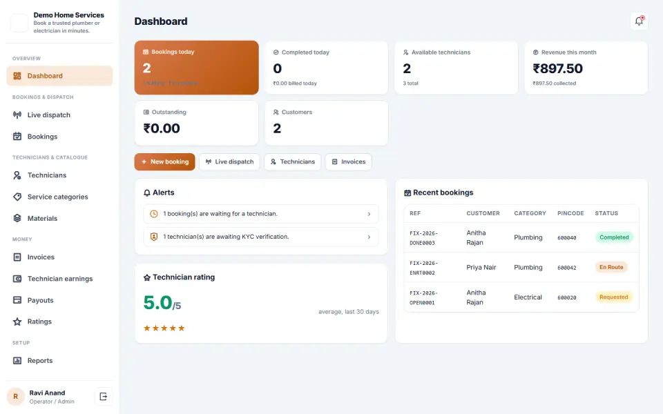 Home Services Booking and On-Demand Technician Dispatch Software