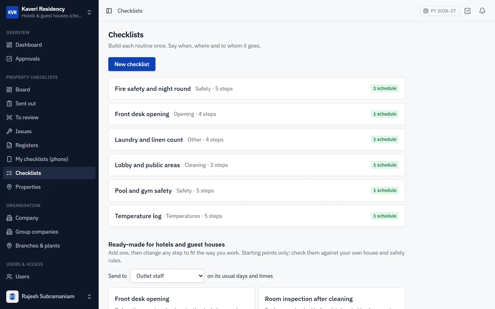 Hotel Checklists Software for Hotels and Guest Houses screenshot