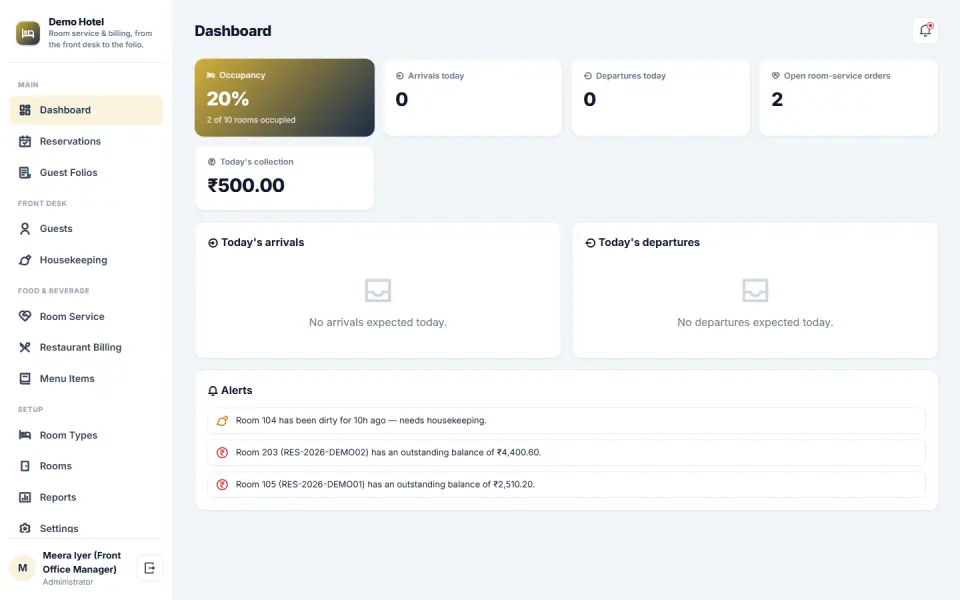 Hotel Room Service & Billing Software, Front Desk, Folio & F&B