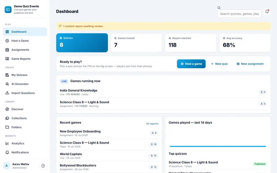 Live Quiz and Game Show Platform