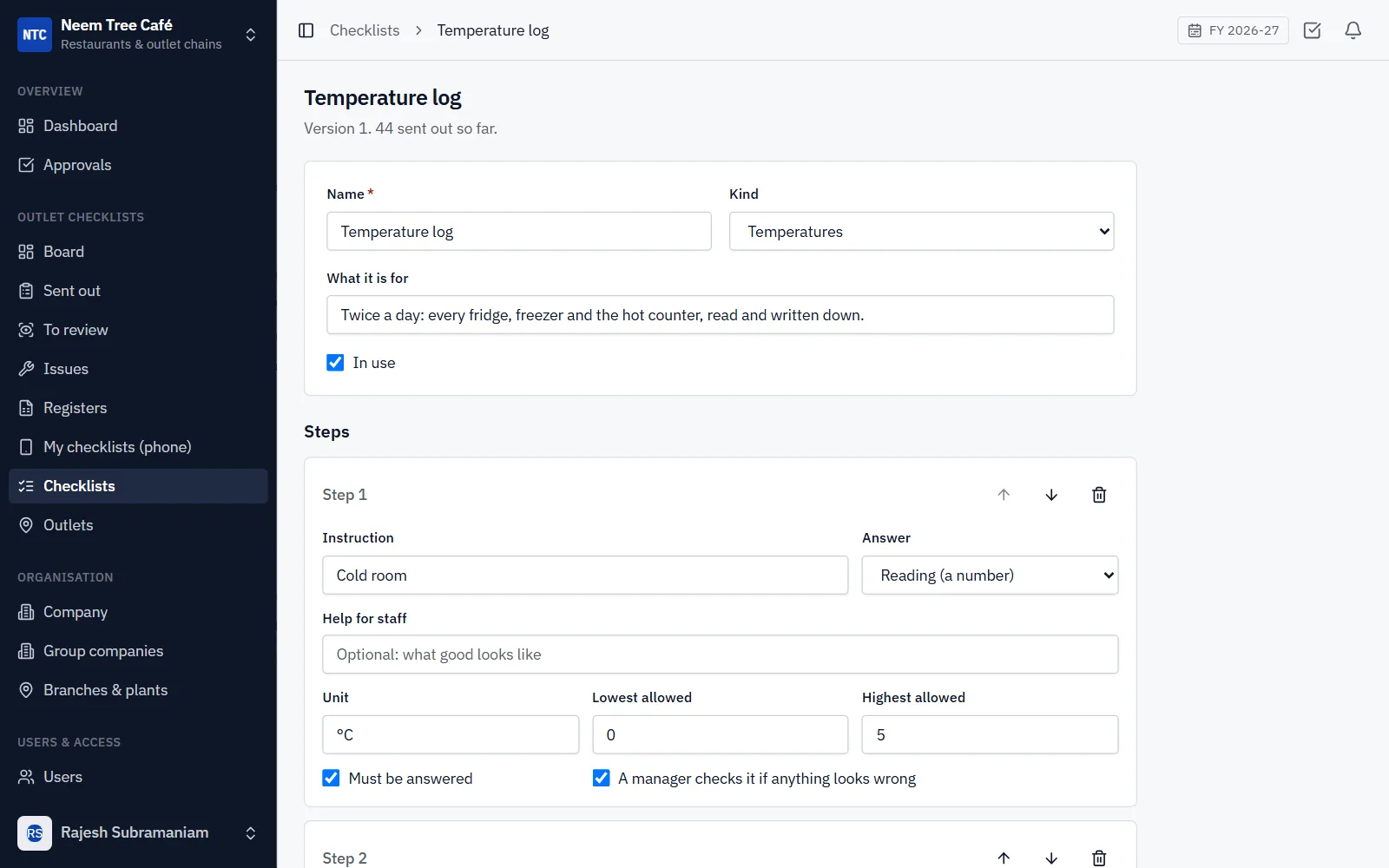 Outlet Checklists Software for Restaurant Chains screenshot