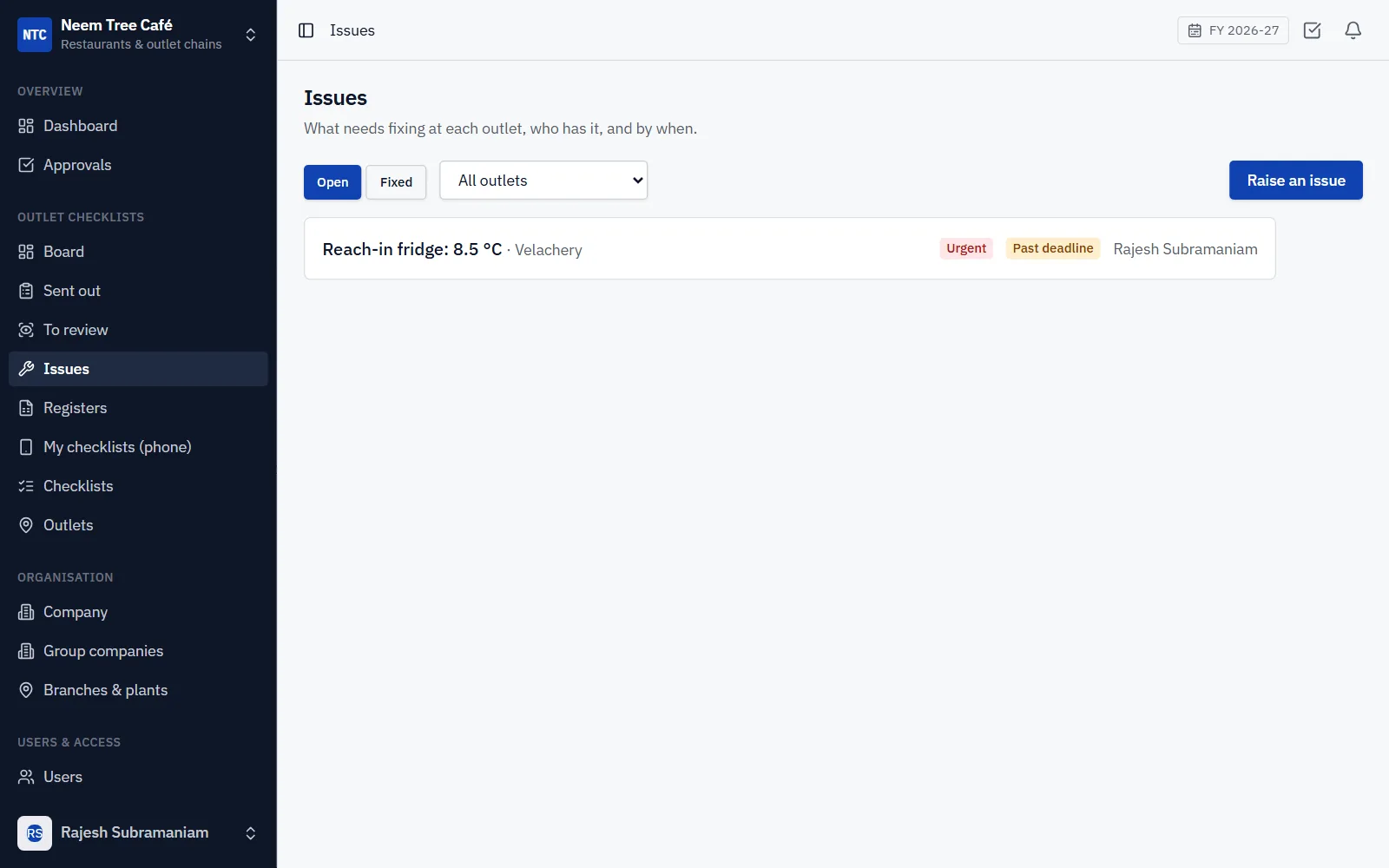 Outlet Checklists Software for Restaurant Chains screenshot