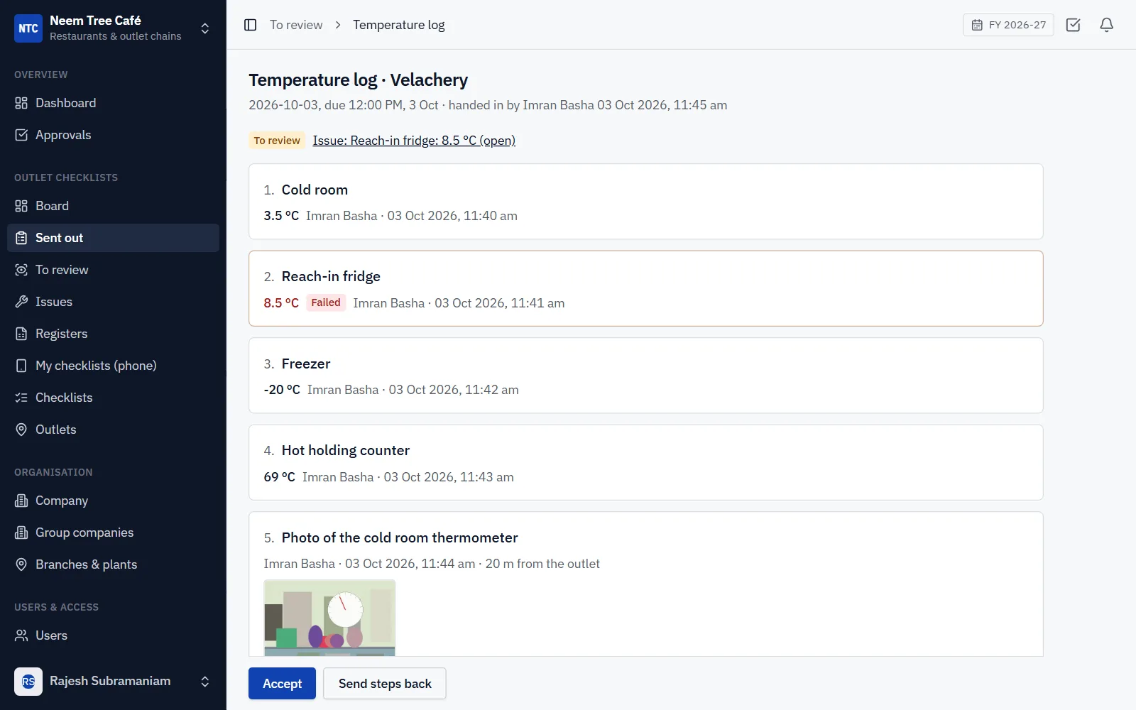 Outlet Checklists Software for Restaurant Chains screenshot