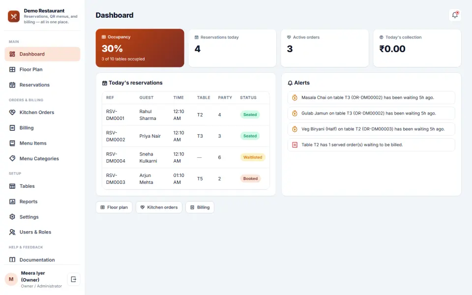 Restaurant Table Booking & Digital Menu Software
